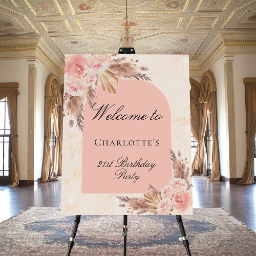 Birthday pampas grass rose gold blush arch welcome foam board