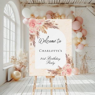 Birthday pampas grass rose gold blush arch welcome foam board