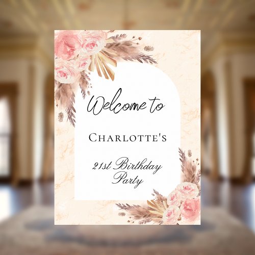 Birthday pampas grass rose gold blush arch welcome poster
