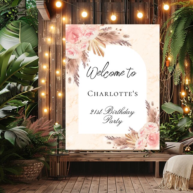 Birthday pampas grass rose gold blush arch welcome poster (Creator Uploaded)