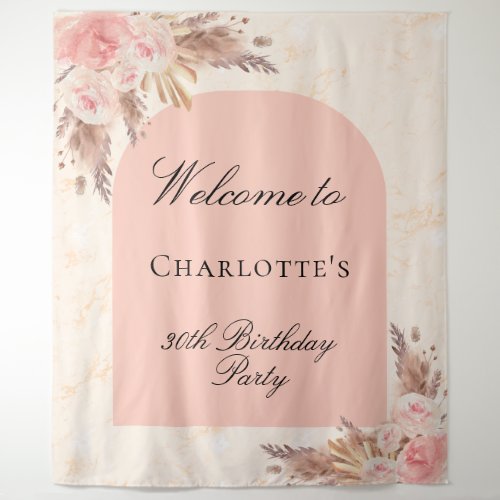 Birthday pampas grass rose gold blush arch welcome tapestry