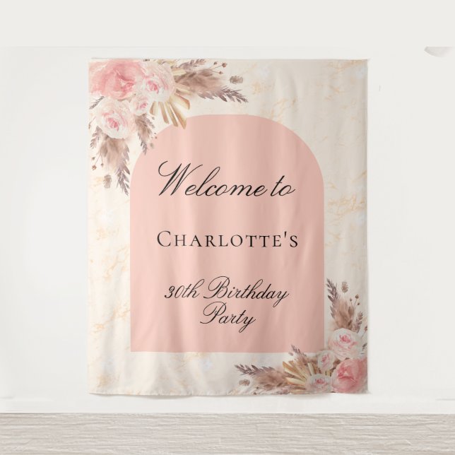 Birthday pampas grass rose gold blush arch welcome tapestry (Front)