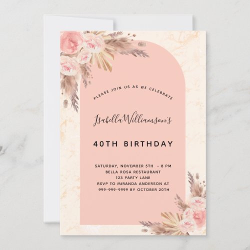 Birthday pampas grass rose gold blush pink invitation