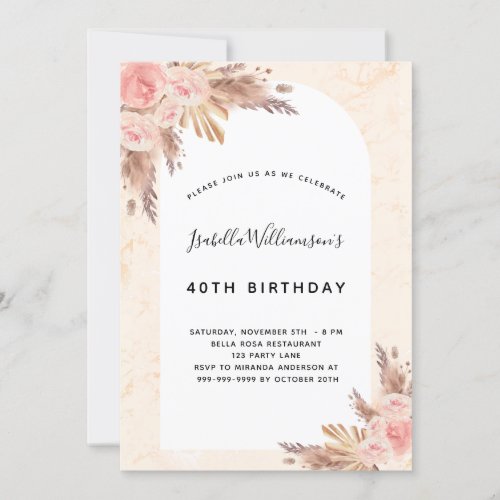 Birthday pampas grass rose gold blush pink invitation