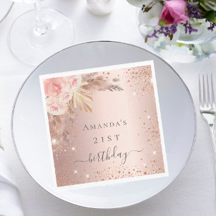 Birthday pampas grass rose gold floral party napkins