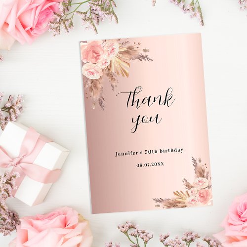 Birthday pampas grass rose gold florals boho thank you card