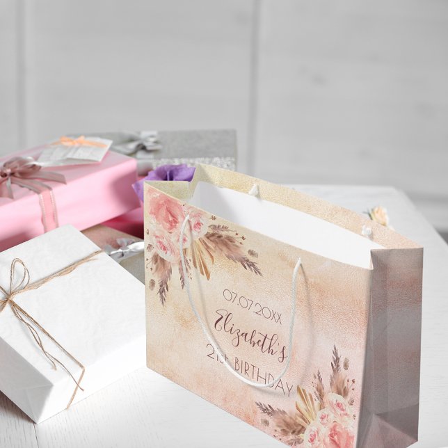 Birthday pampas grass rose gold pink floral large gift bag (Creator Uploaded)