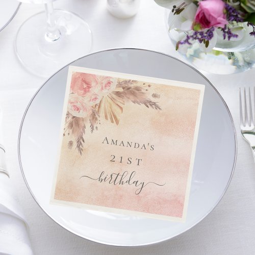 Birthday pampas grass rose gold pink floral napkins