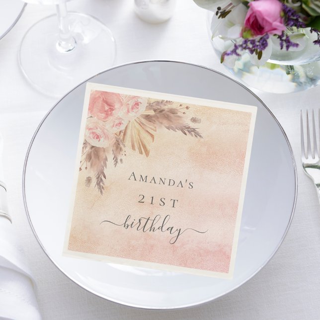 Birthday pampas grass rose gold pink floral napkins (Creator Uploaded)