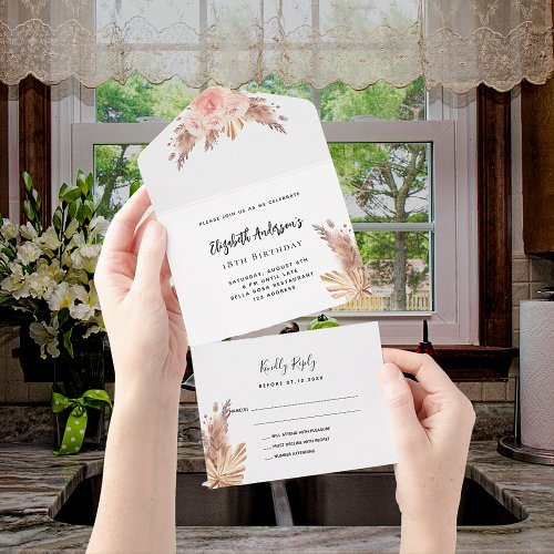 Birthday pampas grass rose pink florals party RSVP All In One Invitation