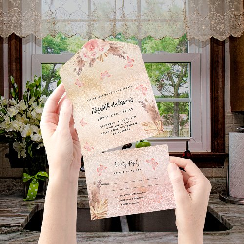 Birthday pampas rose gold butteflies florals RSVP All In One Invitation