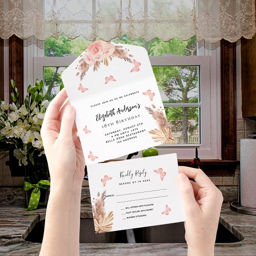 Birthday pampas rose gold buttefly florals RSVP All In One Invitation