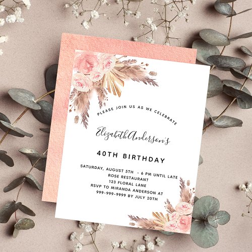 Birthday pampas rose gold floral budget invitation flyer