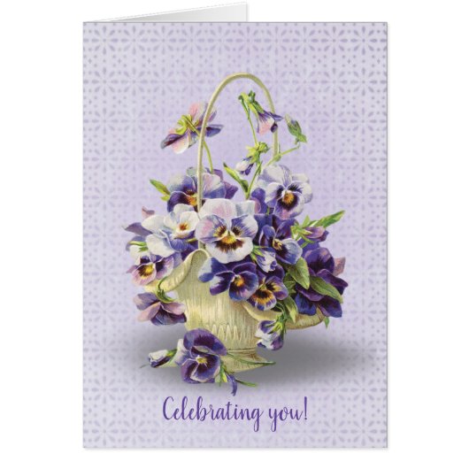 birthday pansy basket on eyelet lace (Front)