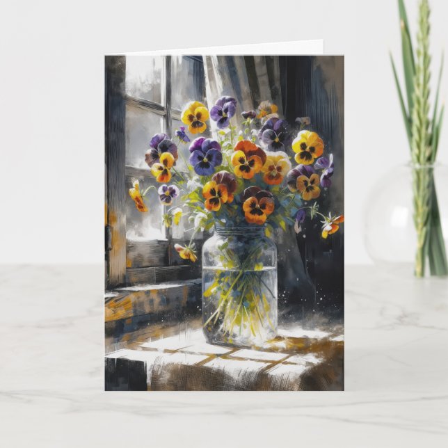 Birthday Pansy Bouquet In Glass Jar Card (Front)