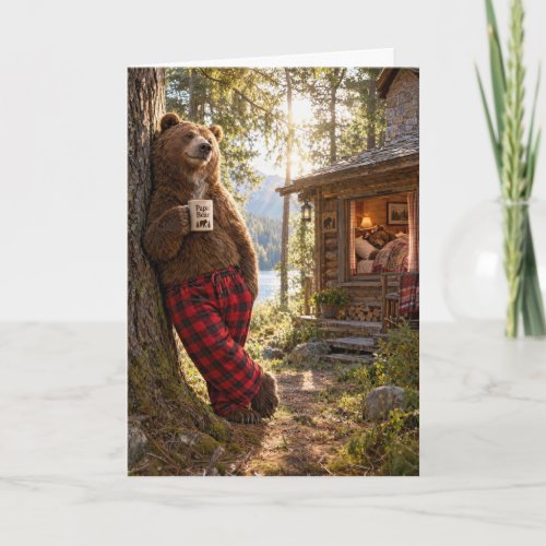 Birthday Papa Bear Relaxing in Woods with Coffee Card