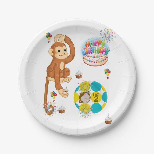 Birthday Paper Plates, Monkey Two Year Old Plates (Front)