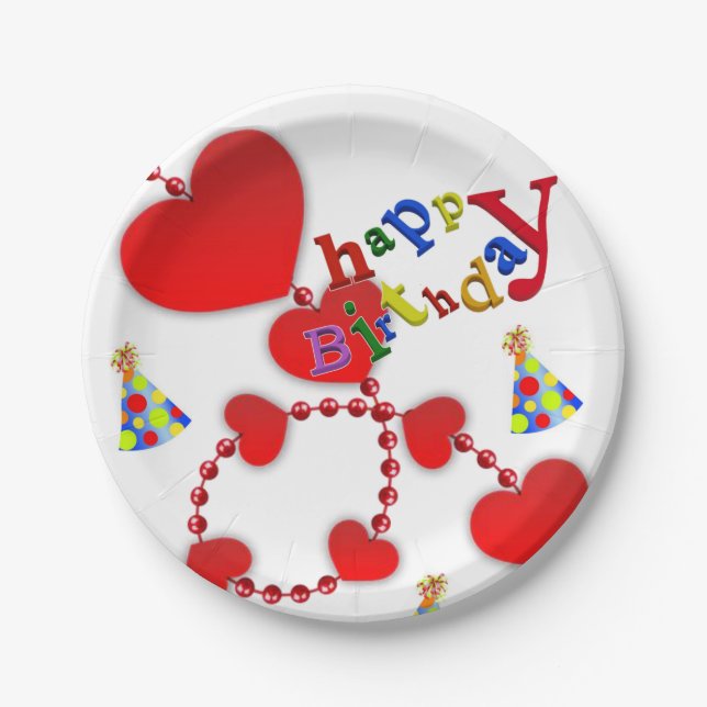 Birthday Paper Plates, Red Hearts Plates (Front)