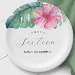 Birthday Paper Plates Sweet 16 Tropical<br><div class="desc">These birthday paper plates feature tropical watercolor hibiscus flowers in shades of pink with monstera palm leaves. The words "Sweet Sixteen" are set in trendy typography. Perfect for a summer party with a luau theme. Unique tropical art by Victoria Grigaliunas of Do Tell A Belle.</div>