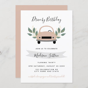 Birthday parade drive by pink car green foliage invitation
