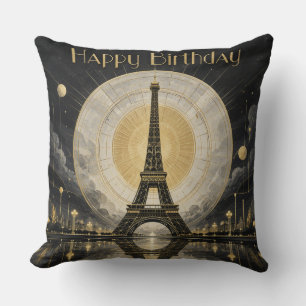 Birthday Paris Eiffel Tower Gold Deco Throw Pillow