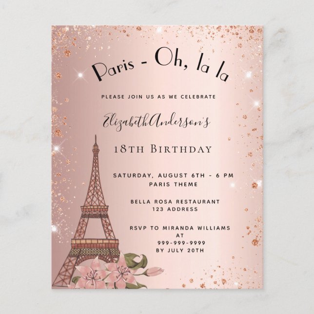 Birthday Paris rose gold Eiffel budget invitation Flyer (Front)