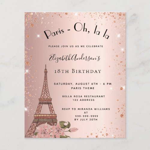 Birthday Paris rose gold Eiffel budget invitation Flyer