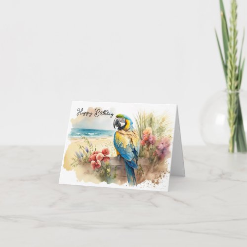 Birthday Parrot with Tropical Flowers Card