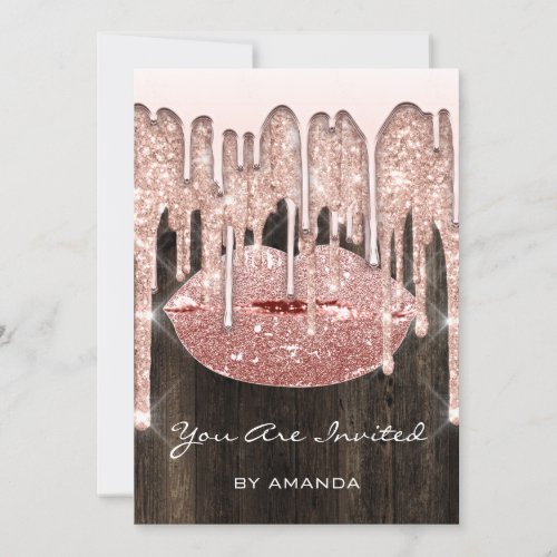 Birthday Party 16th Kiss Lips Rose Glitter Wood Invitation