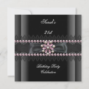 Birthday Party 21st Black White Pink Pearl Invitation