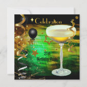 Birthday Party 21st Celebration Champagne Green Invitation (Front)