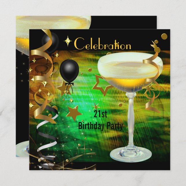 Birthday Party 21st Celebration Champagne Green Invitation (Front/Back)