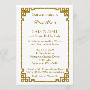 Birthday party 21st, Gatsby style, white & gold Invitation