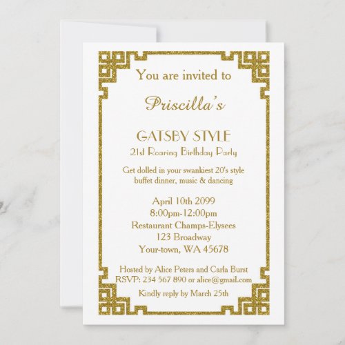 Birthday party 21st Gatsby style white  gold Invitation