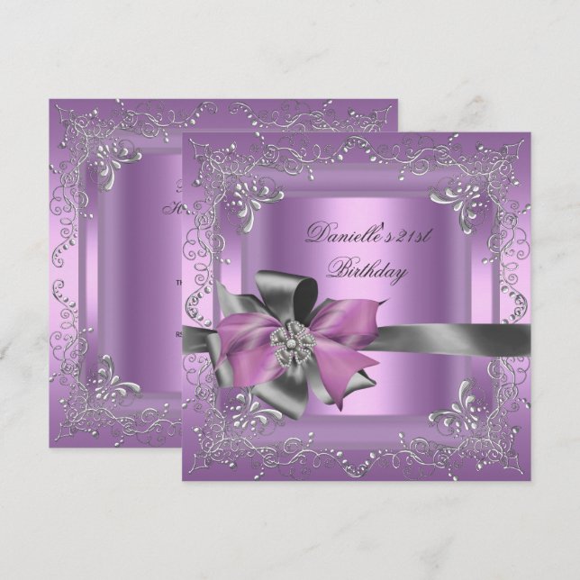 Birthday Party 21st Lilac Pink Silver Grey Invitation (Front/Back)