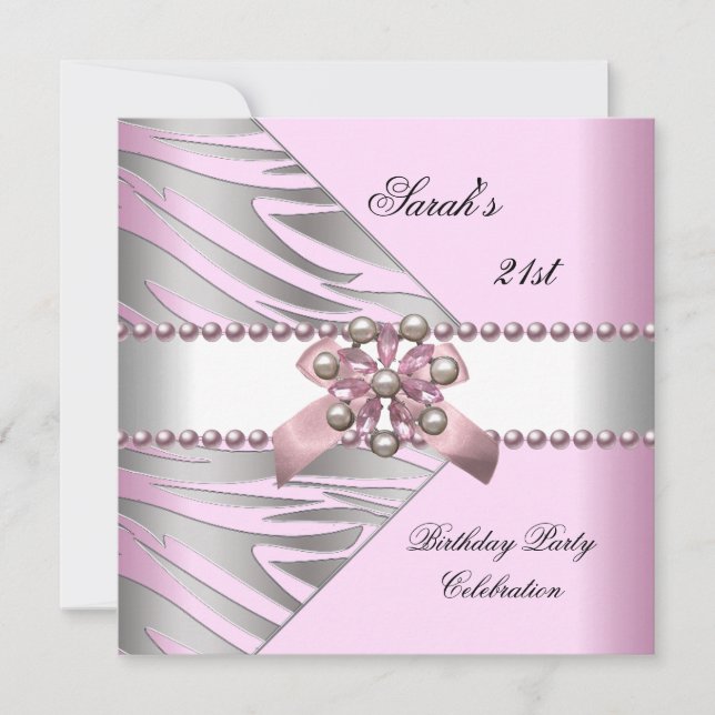 Birthday Party 21st Pink Zebra White Pink Pearl Invitation (Front)
