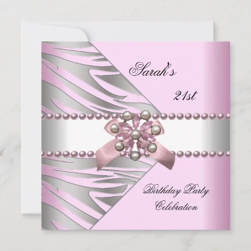 Birthday Party 21st Pink Zebra White Pink Pearl Custom Invitation