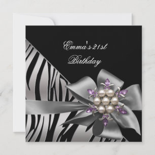 Birthday Party 21st Zebra Black Silver Bow Invitation