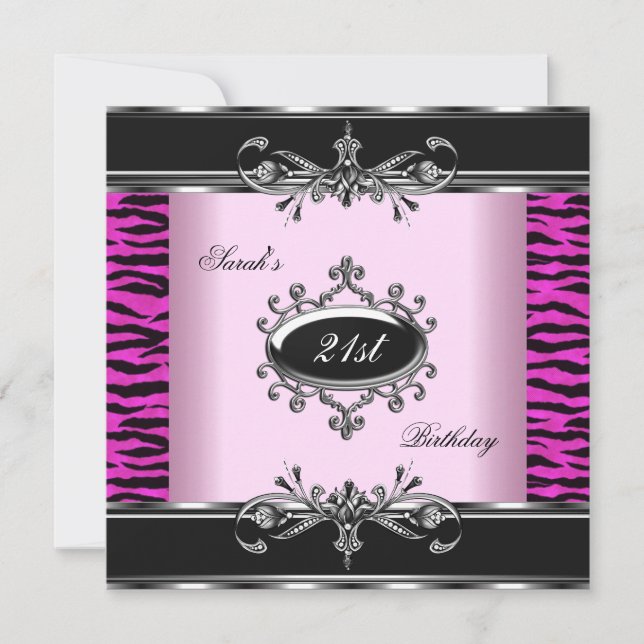 Birthday Party 21st Zebra Black White Pink Silver Invitation (Front)