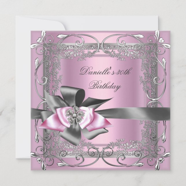 Birthday Party 30th Light Pink Silver Grey Bow Invitation (Front)