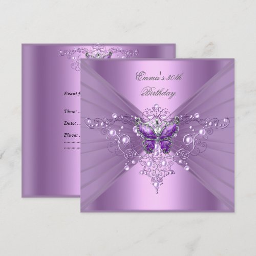 Birthday Party 30th Lilac Pearl Purple Butterfly Announcement