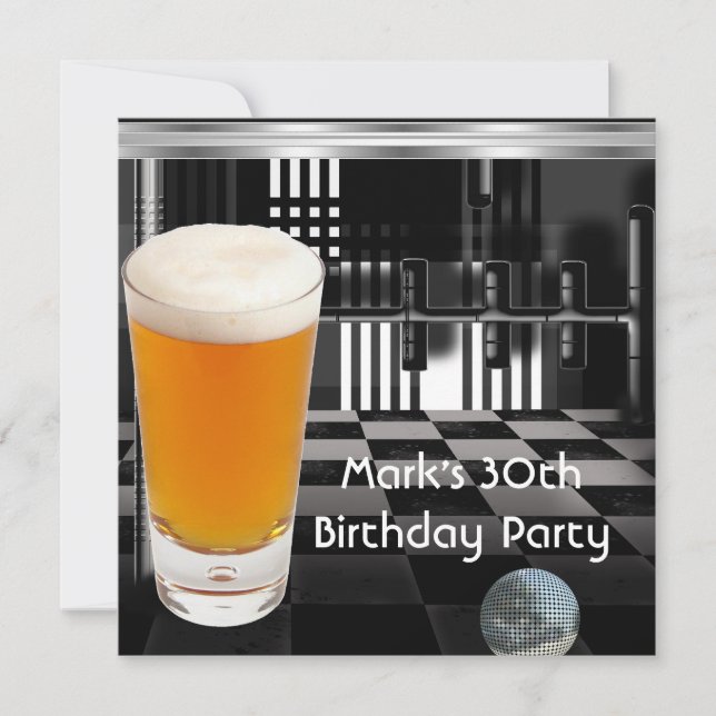 Birthday Party 30th Mens Beer Black White Silver Invitation (Front)