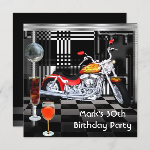 Birthday Party 30th Mens Bike Drinks Black White Invitation