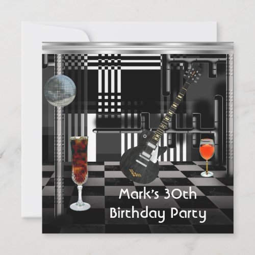 Birthday Party 30th Mens Guitar Drinks Black White Invitation