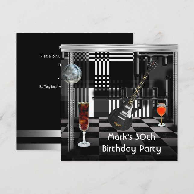 Birthday Party 30th Mens Guitar Drinks Black White Invitation (Front/Back)