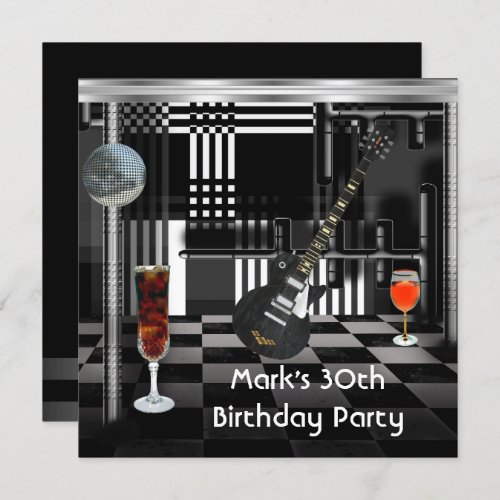 Birthday Party 30th Mens Guitar Drinks Black White Invitation