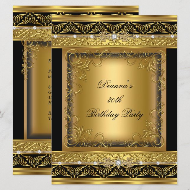 Birthday Party 30th Metallic Gold Black Diamond Invitation (Front/Back)