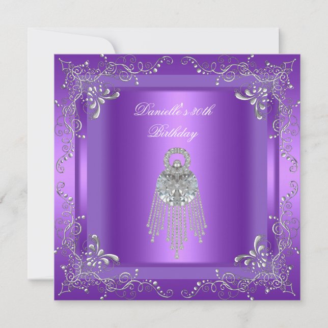 Birthday Party 30th Purple Diamond Jewel Silver Invitation (Front)
