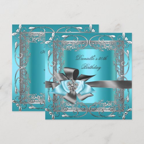 Birthday Party 30th Teal Blue Silver Grey Bow Personalized Announcements