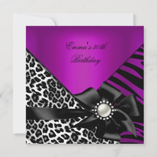 Birthday Party 30th Zebra Leopard Purple Pink Plum Invitation
